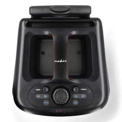 Nedis Bluetooth party højttaler med karaokefunktion, to højttalere, kontrolknapper, drejeknap, display, bas/diskant, lyseffekter.