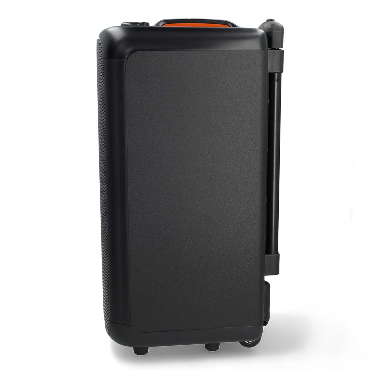 Nedis Bluetooth Party højttaler med karaokefunktion, sort, stående design, håndtag, hjul, synlige lyseffekter.