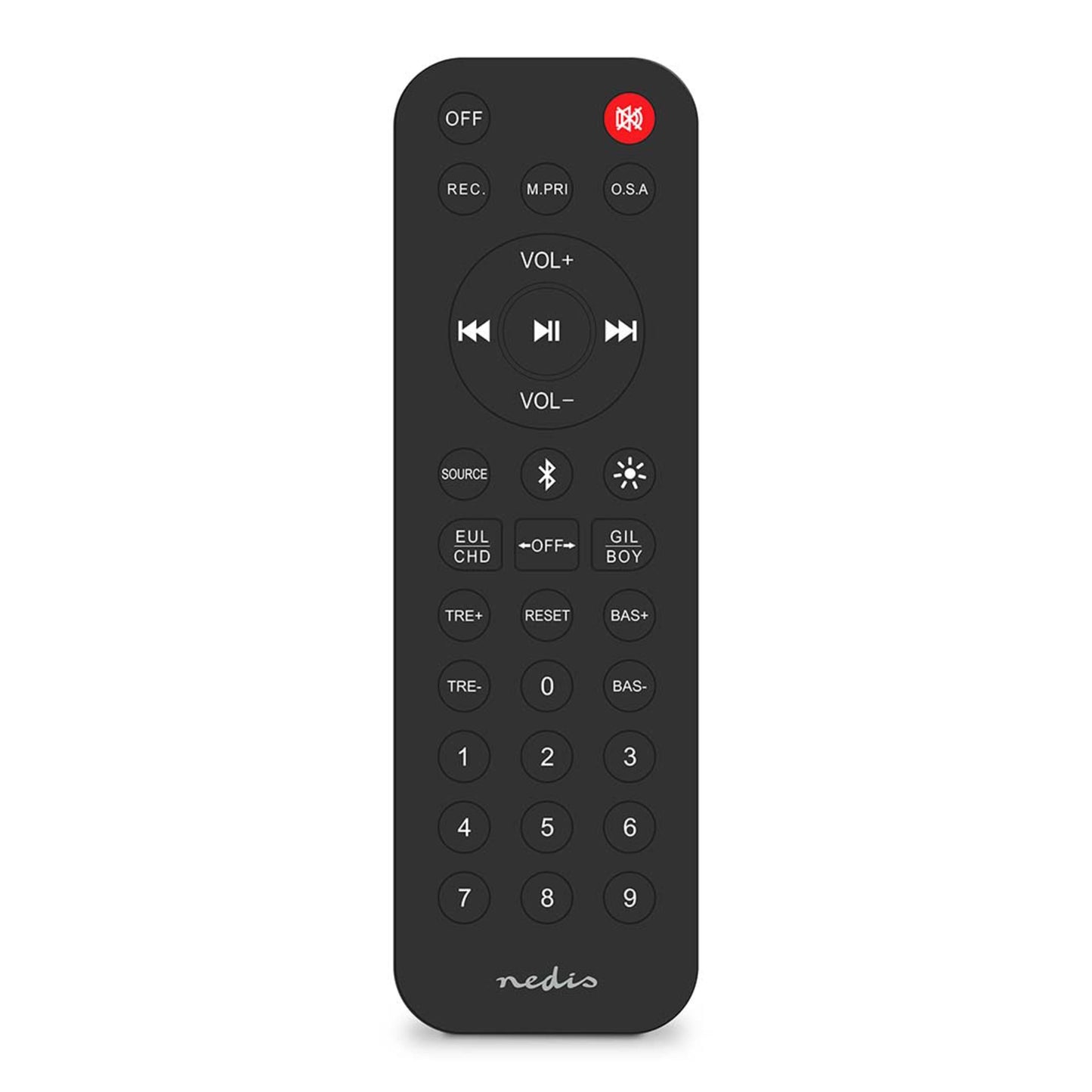 Nedis sort TV fjernbetjening med runde lyd/play-knapper, rød mute, numerisk tastatur og funktionsknapper.