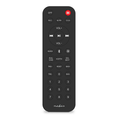 Nedis sort TV fjernbetjening med runde lyd/play-knapper, rød mute, numerisk tastatur og funktionsknapper.