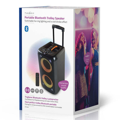 Nedis Bluetooth party højttaler med karaoke, lyseffekter, håndtag, hjul, vist på æske med festmotiv.