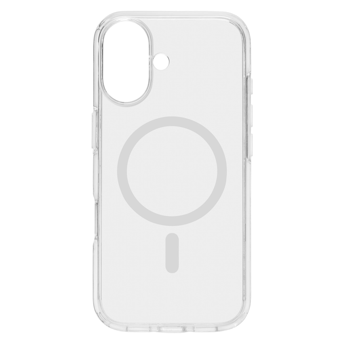 Klart etui til iPhone 17 med cirkulært MagSafe-symbol på bagsiden, passer til dobbeltkamera og flash.