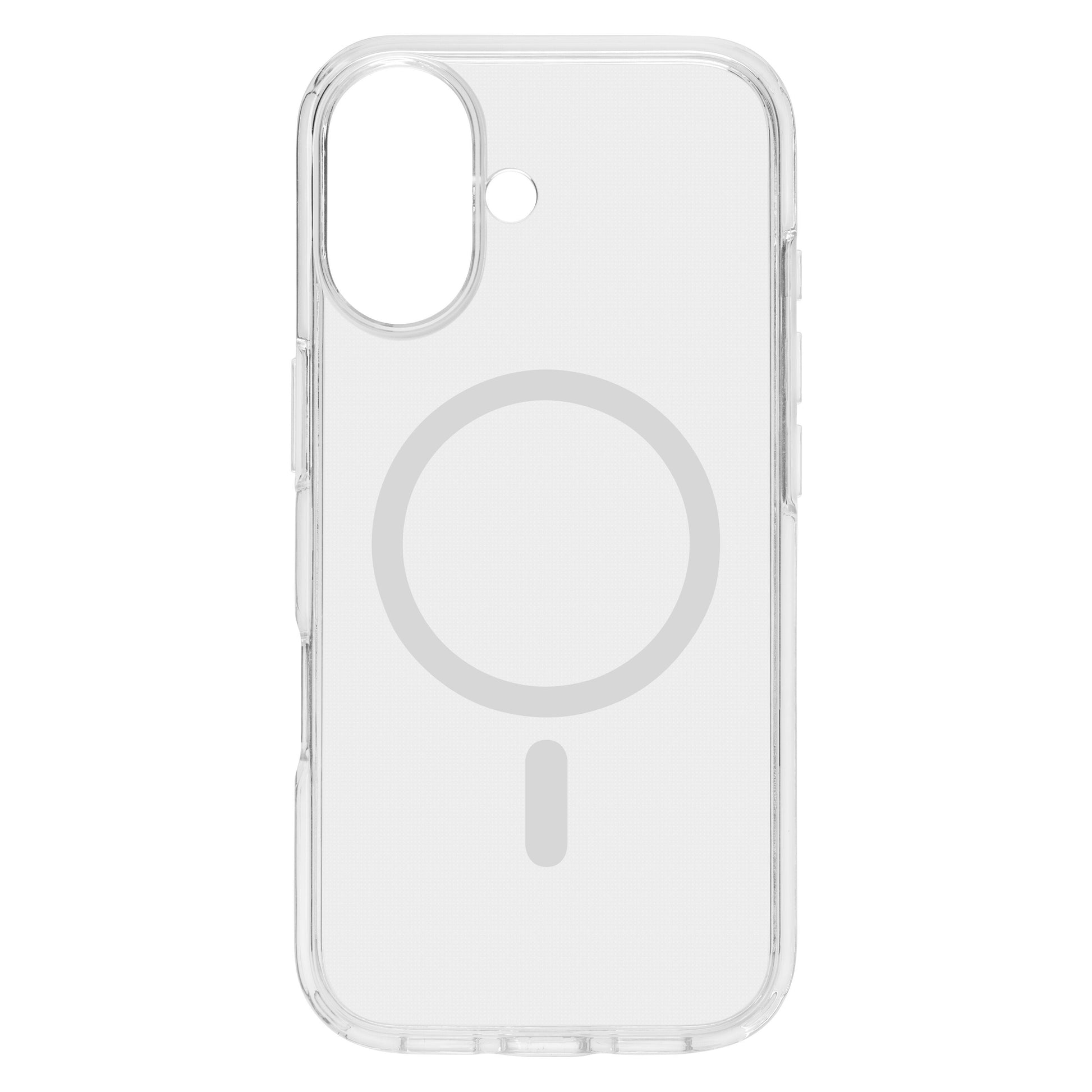 Klart etui til iPhone 17 med cirkulært MagSafe-symbol på bagsiden, passer til dobbeltkamera og flash.