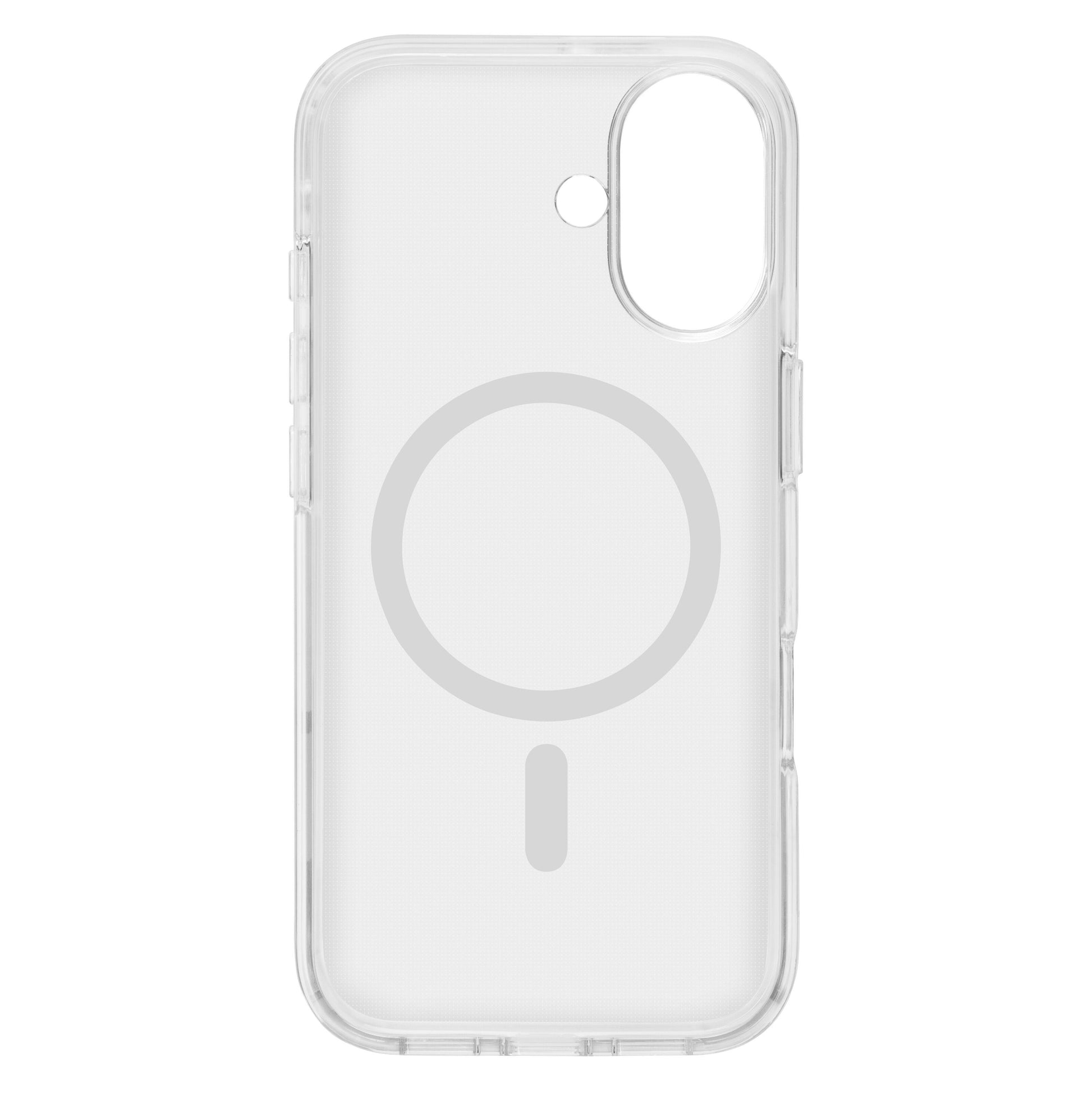 Klart MagSafe-kompatibelt etui til iPhone 17 med cirkulært symbol, kamerahul øverst til højre og knap-/porteudskæringer.