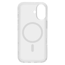 Klart MagSafe-kompatibelt etui til iPhone 17 med cirkulært symbol, kamerahul øverst til højre og knap-/porteudskæringer.