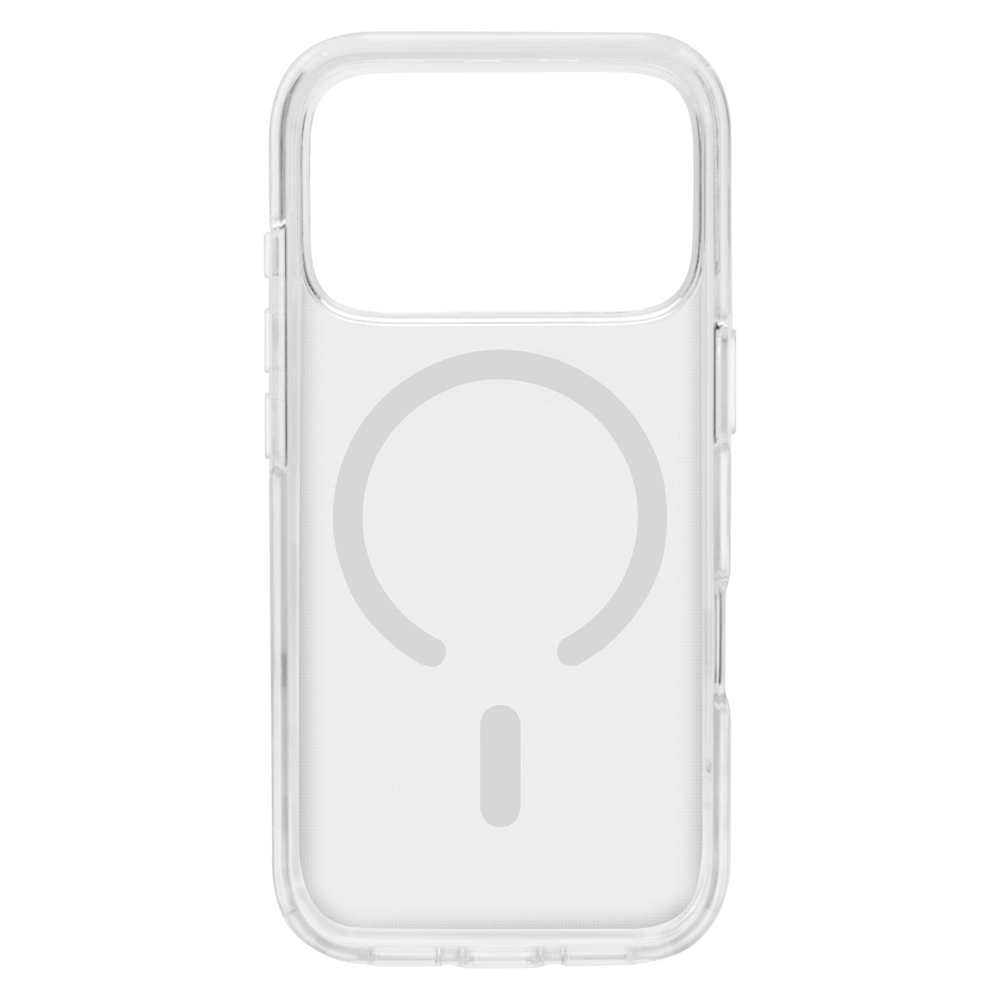 Klart mobilcover til iPhone 17 Pro med MagSafe-understøttelse, gennemsigtigt design og cirkulært MagSafe-symbol på bagsiden.