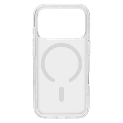 Klart mobilcover til iPhone 17 Pro med MagSafe-understøttelse, gennemsigtigt design og cirkulært MagSafe-symbol på bagsiden.