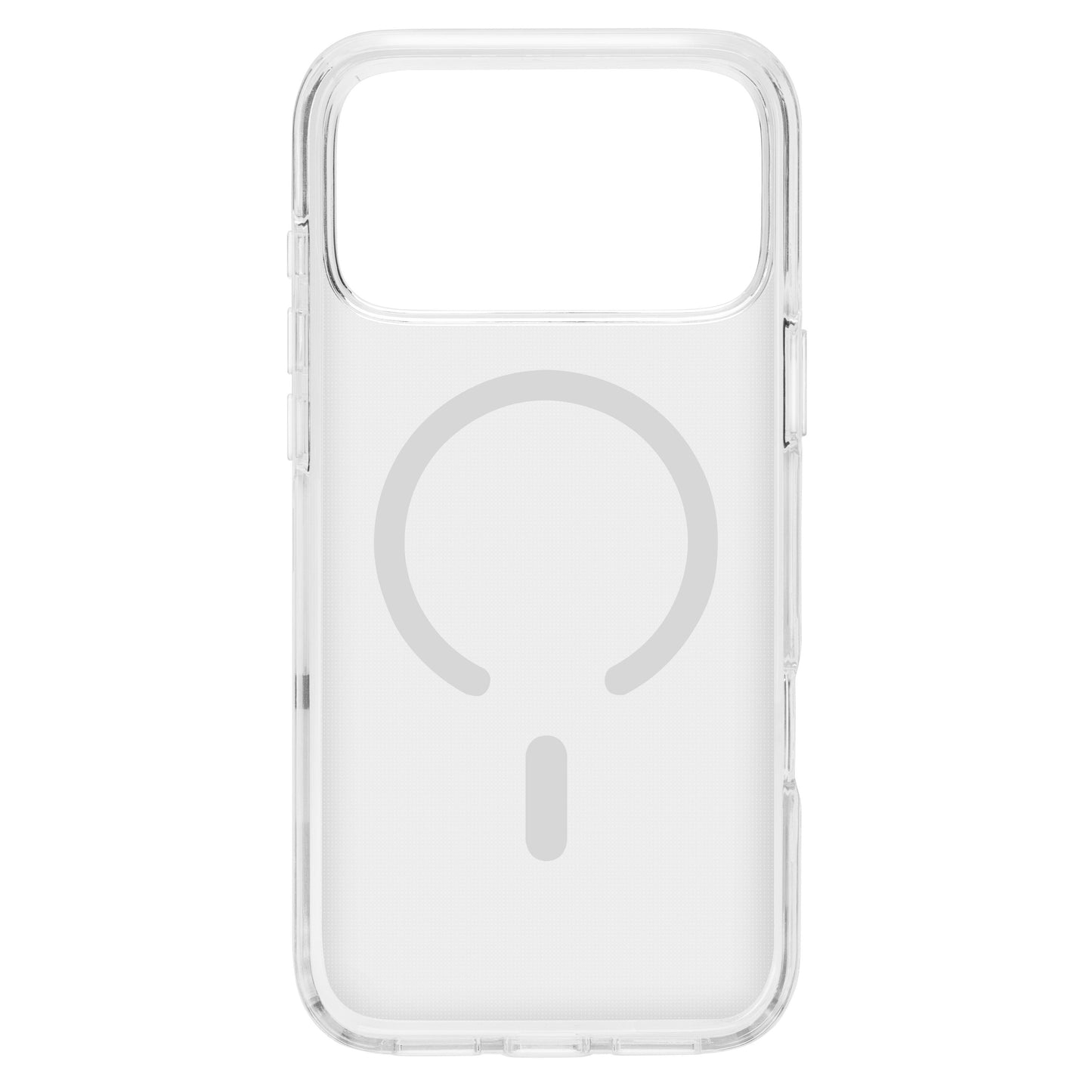 Linocell Clear mobilcover til iPhone 17 Pro Max med gennemsigtig bagside og gråt cirkeldesign til MagSafe.