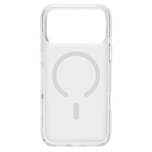 Linocell Clear mobilcover til iPhone 17 Pro Max med gennemsigtig bagside og gråt cirkeldesign til MagSafe.