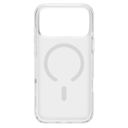 Linocell Clear mobilcover til iPhone 17 Pro Max med gennemsigtig bagside og gråt cirkeldesign til MagSafe.