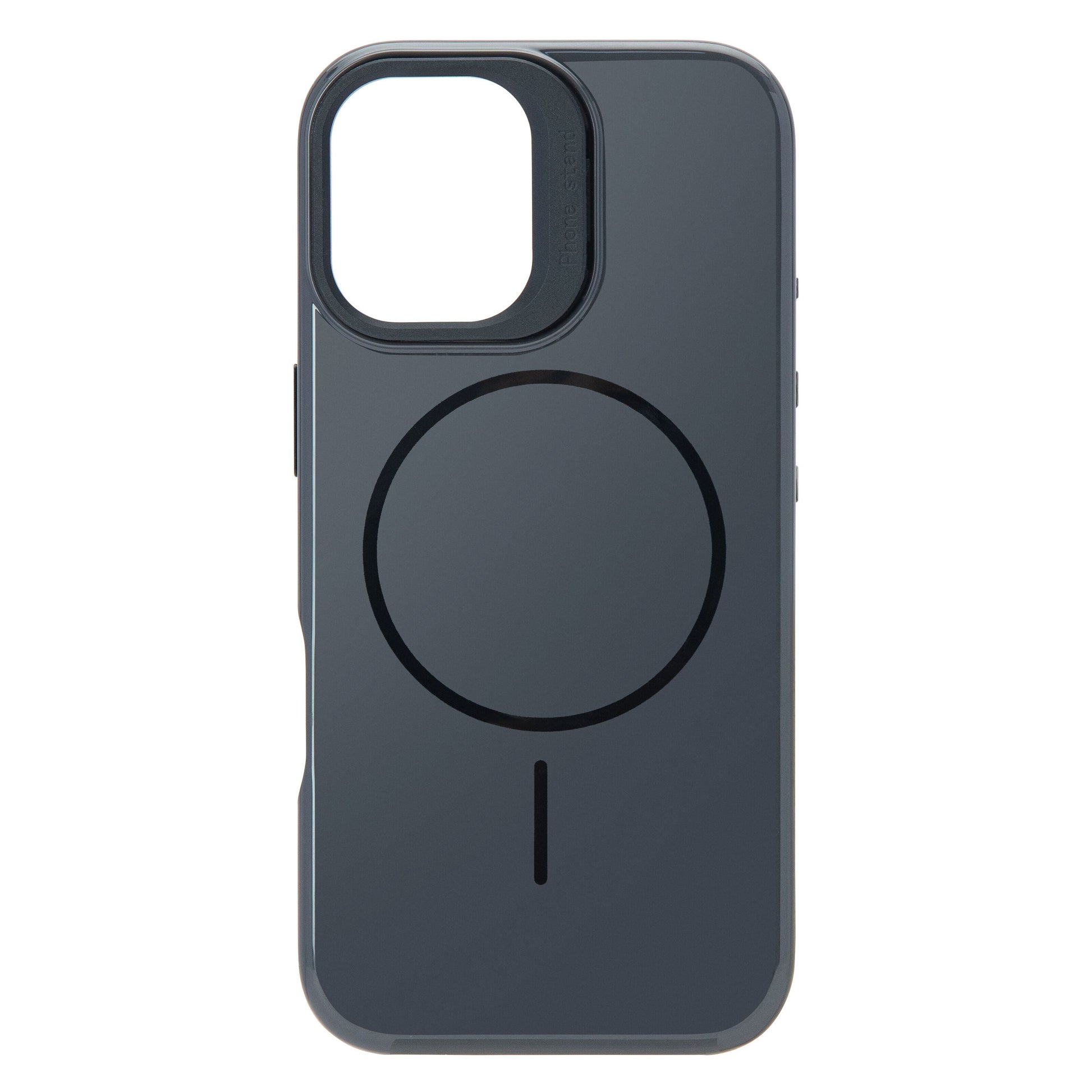 Linocell Flip Stand mobilcover til iPhone 17 sort, mørkegrå flipcover med kamerahul øverst til venstre, trådløs opladning.