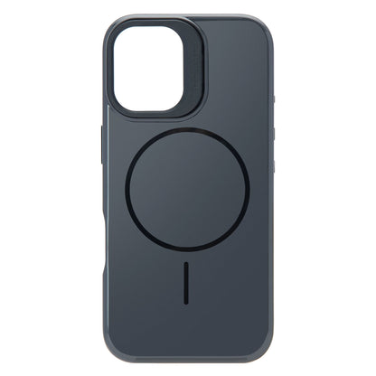 Linocell Flip Stand mobilcover til iPhone 17 sort, mørkegrå flipcover med kamerahul øverst til venstre, trådløs opladning.