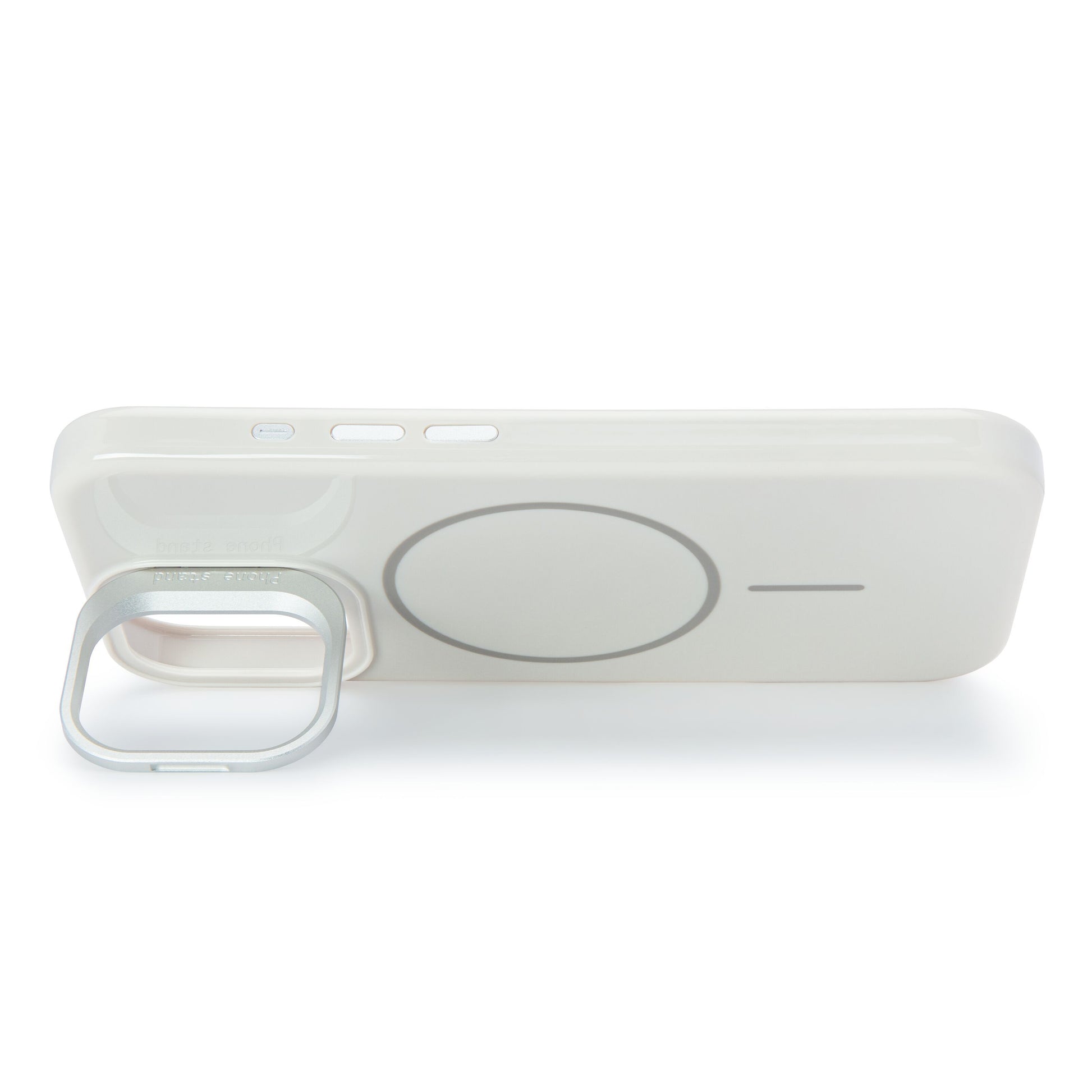 Flip Stand mobilcover til iPhone 17 hvid med indbygget cirkulær MagSafe-ring og rektangulær kameradæksel bagpå.