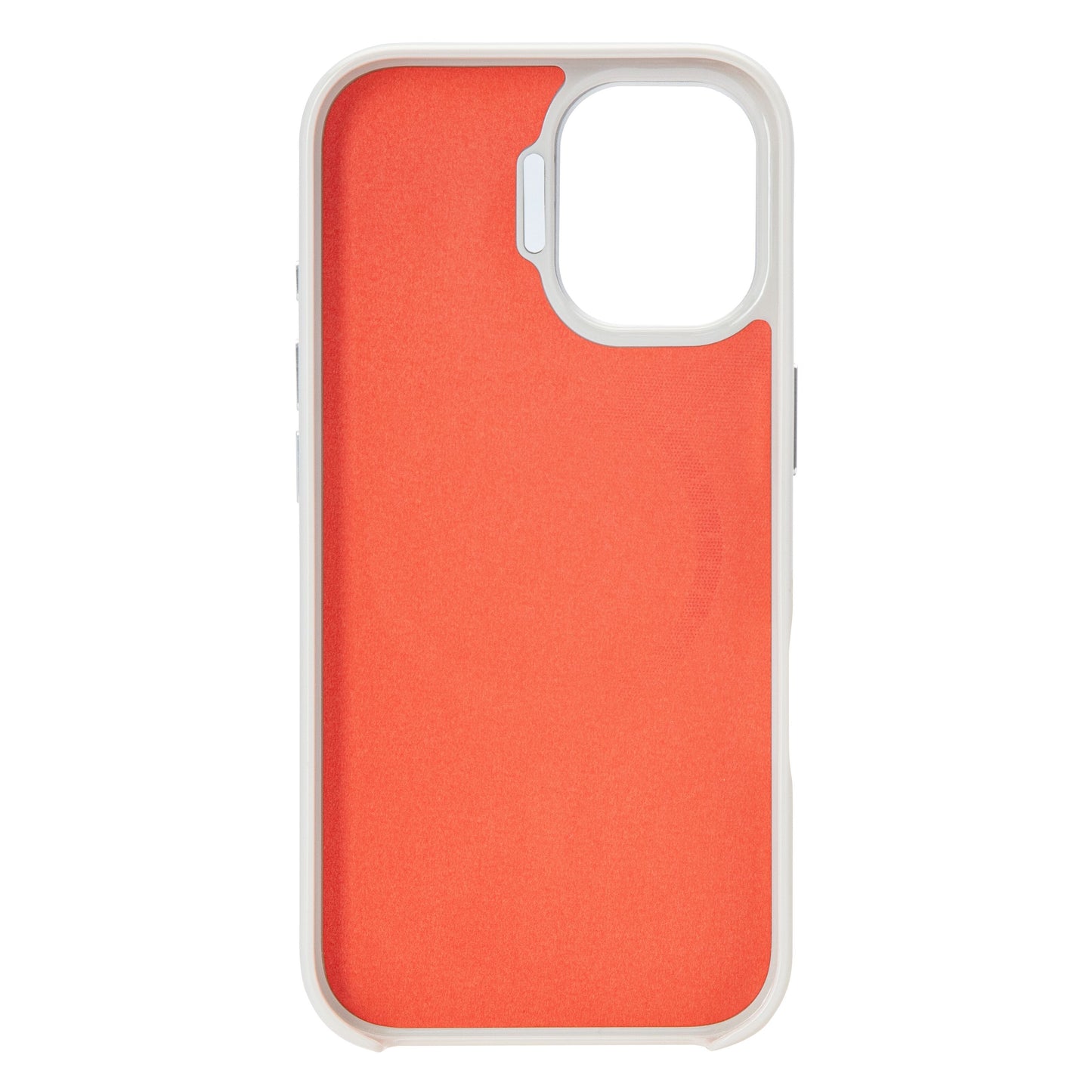 Linocell Flip Stand mobilcover til iPhone 17 hvid med orange inderside, stor kameraudskæring, sideknapper og MagSafe-kompatibilitet.