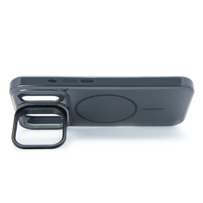 Linocell Flip Stand mobilcover til iPhone 17 Pro sort, set fra siden med åben kickstand og teksten "phone stand", MagSafe kompatibel.