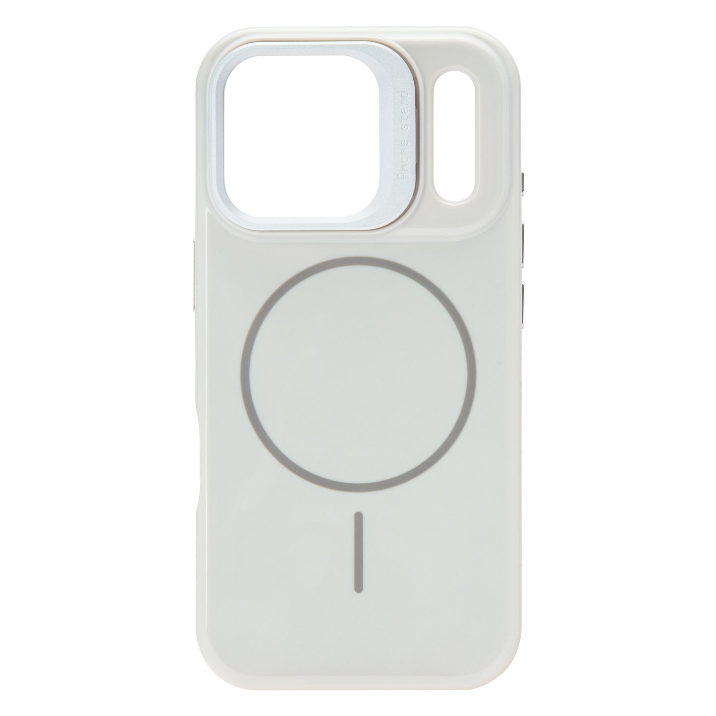 Flip Stand mobilcover til iPhone 17 Pro hvid med stort firkantet kamerahul, MagSafe-mærke og lodret åbning ved kamera.