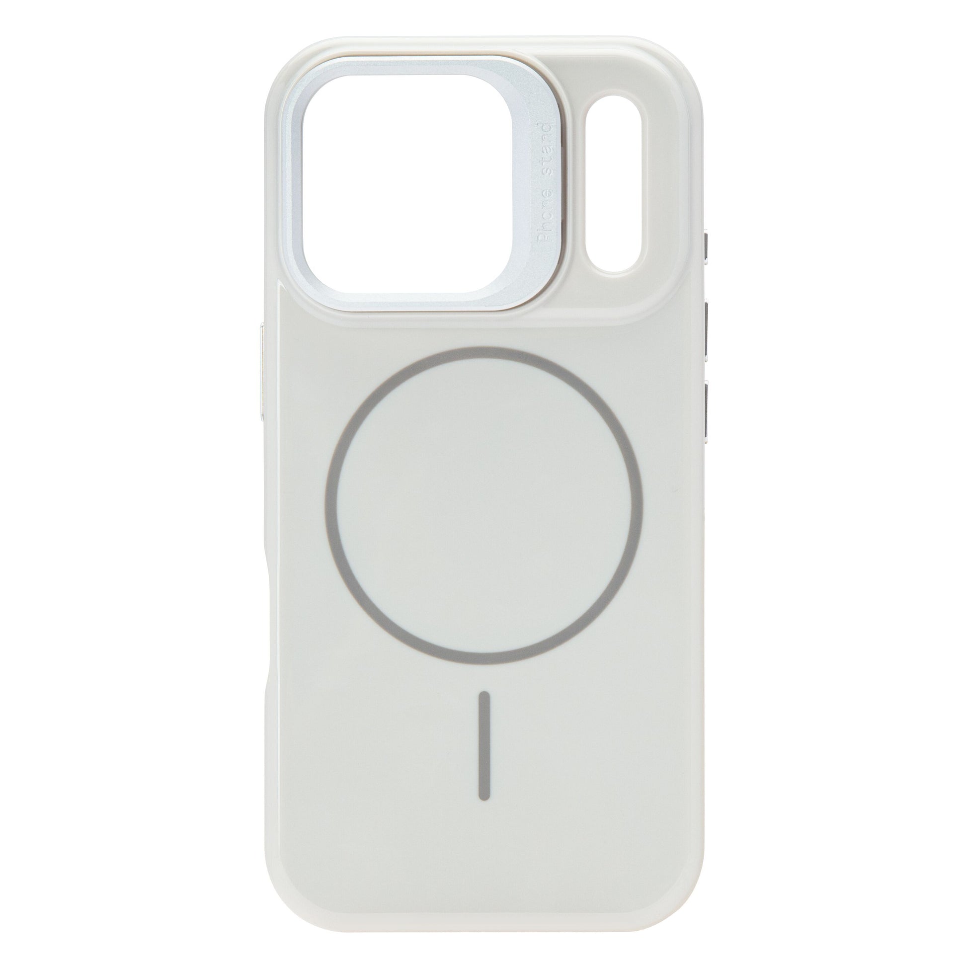 Flip Stand mobilcover til iPhone 17 Pro hvid med stort firkantet kamerahul, MagSafe-mærke og lodret åbning ved kamera.