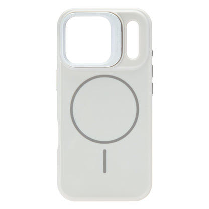 Flip Stand mobilcover til iPhone 17 Pro hvid med stort firkantet kamerahul, MagSafe-mærke og lodret åbning ved kamera.