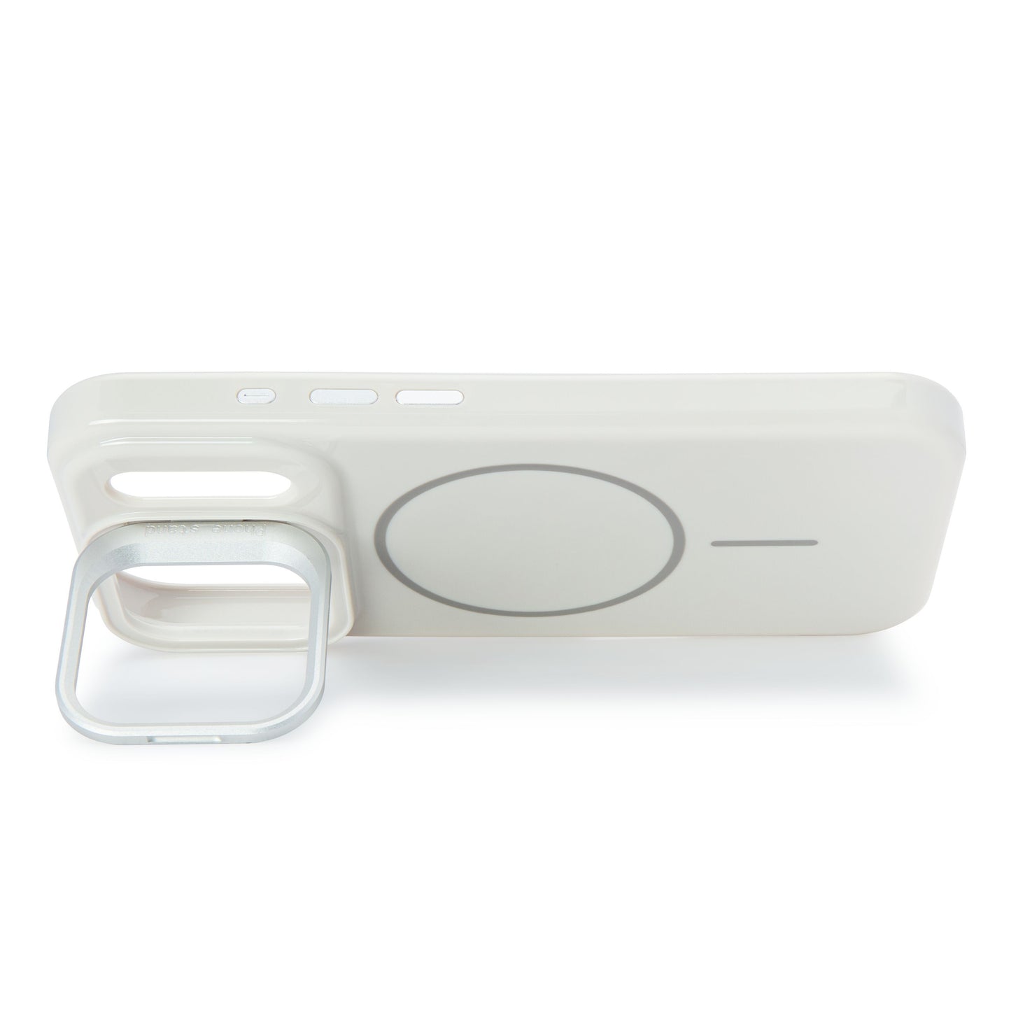 Linocell Flip Stand mobilcover til iPhone 17 Pro hvid, sølvfarvet støtteben, MagSafe-kompatibel, cover vist fladt.