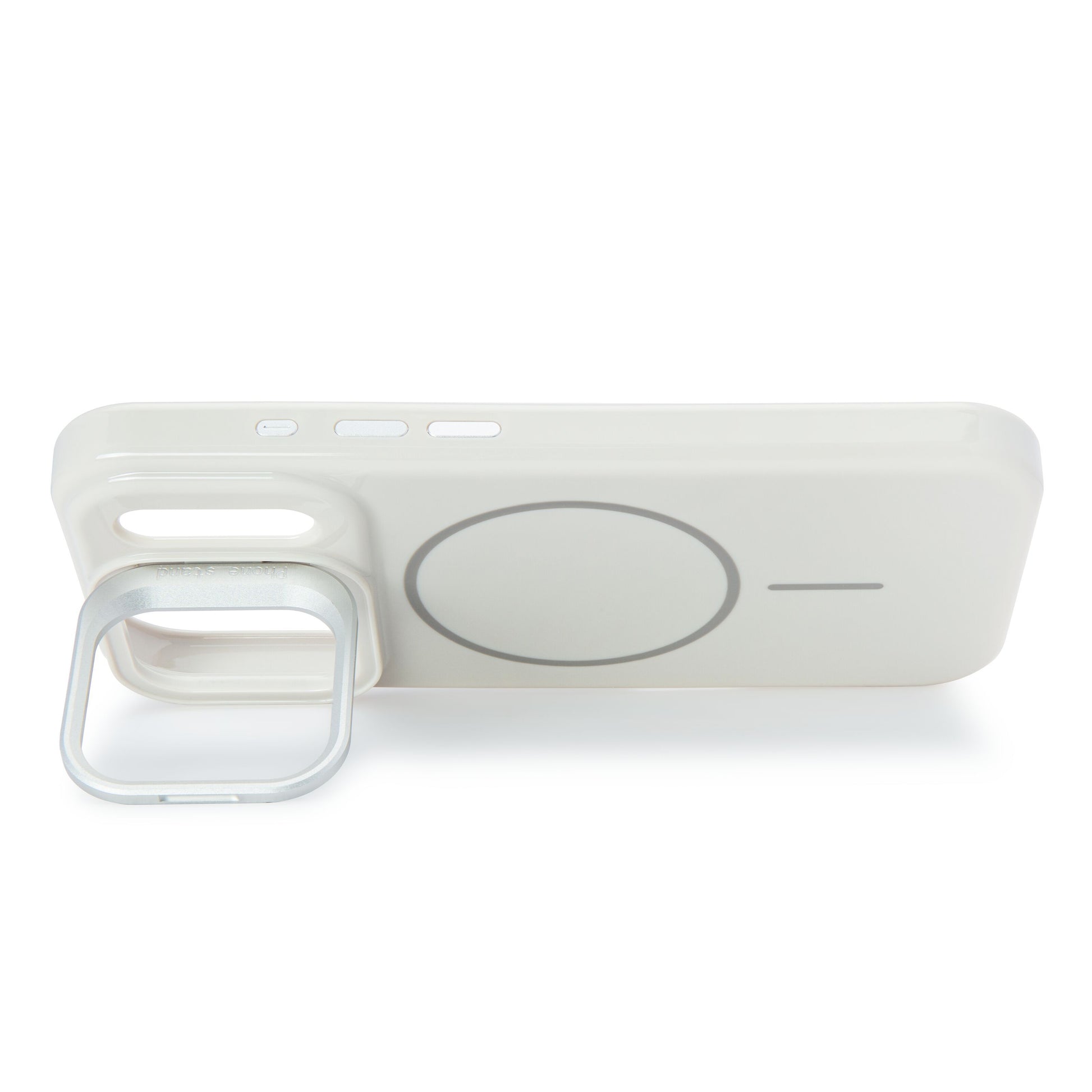 Linocell Flip Stand mobilcover til iPhone 17 Pro hvid, sølvfarvet støtteben, MagSafe-kompatibel, cover vist fladt.