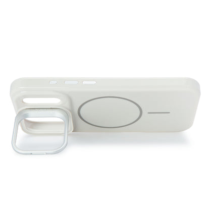 Linocell Flip Stand mobilcover til iPhone 17 Pro hvid, sølvfarvet støtteben, MagSafe-kompatibel, cover vist fladt.