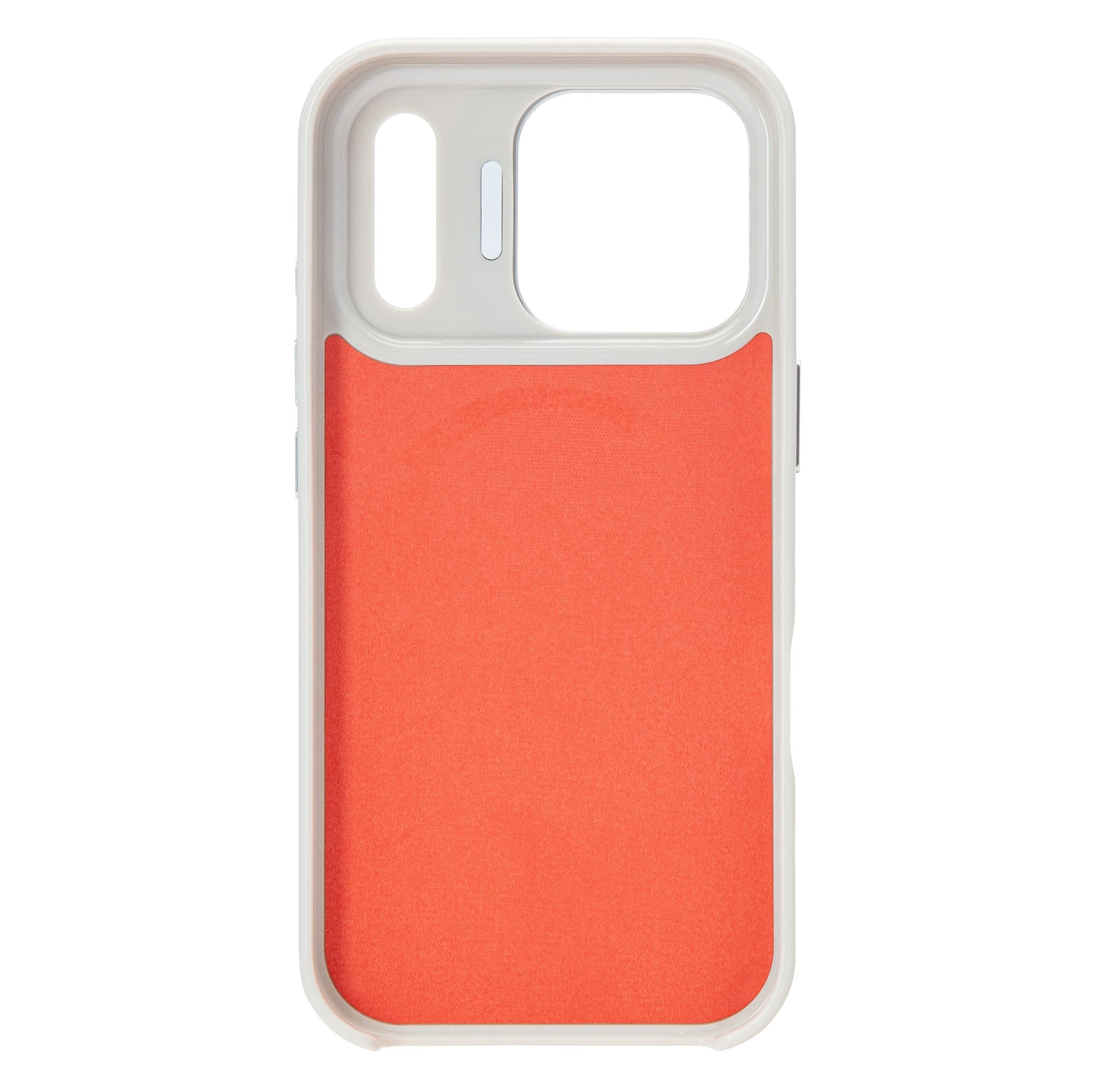 Linocell Flip Stand mobilcover til iPhone 17 Pro, hvid kant, orange bagside, stor kamerahul og vertikal MagSafe-udskæring.