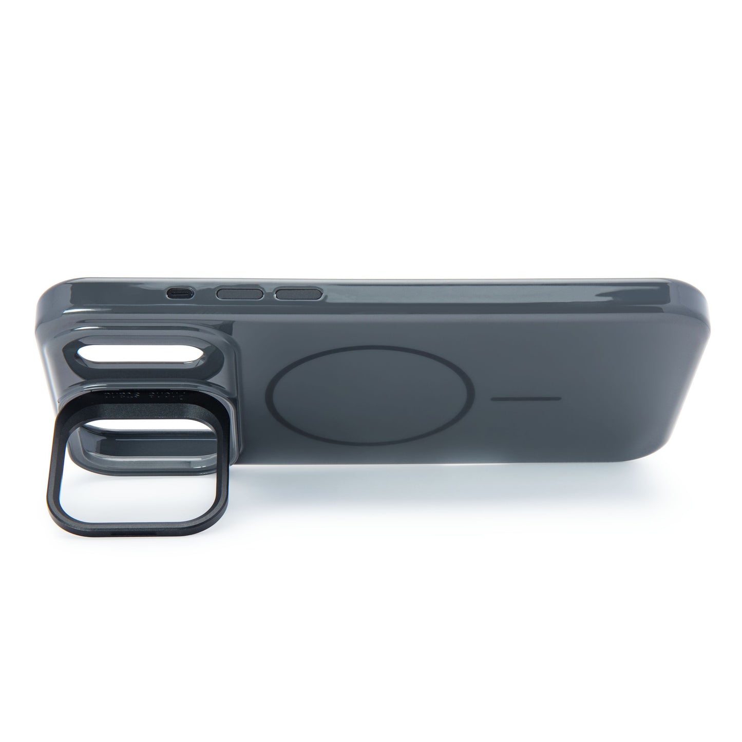 Linocell Flip Stand Etui til iPhone 17 Pro Max sort med MagSafe-kompatibel ring og firkantet linsetilslutning bagpå.