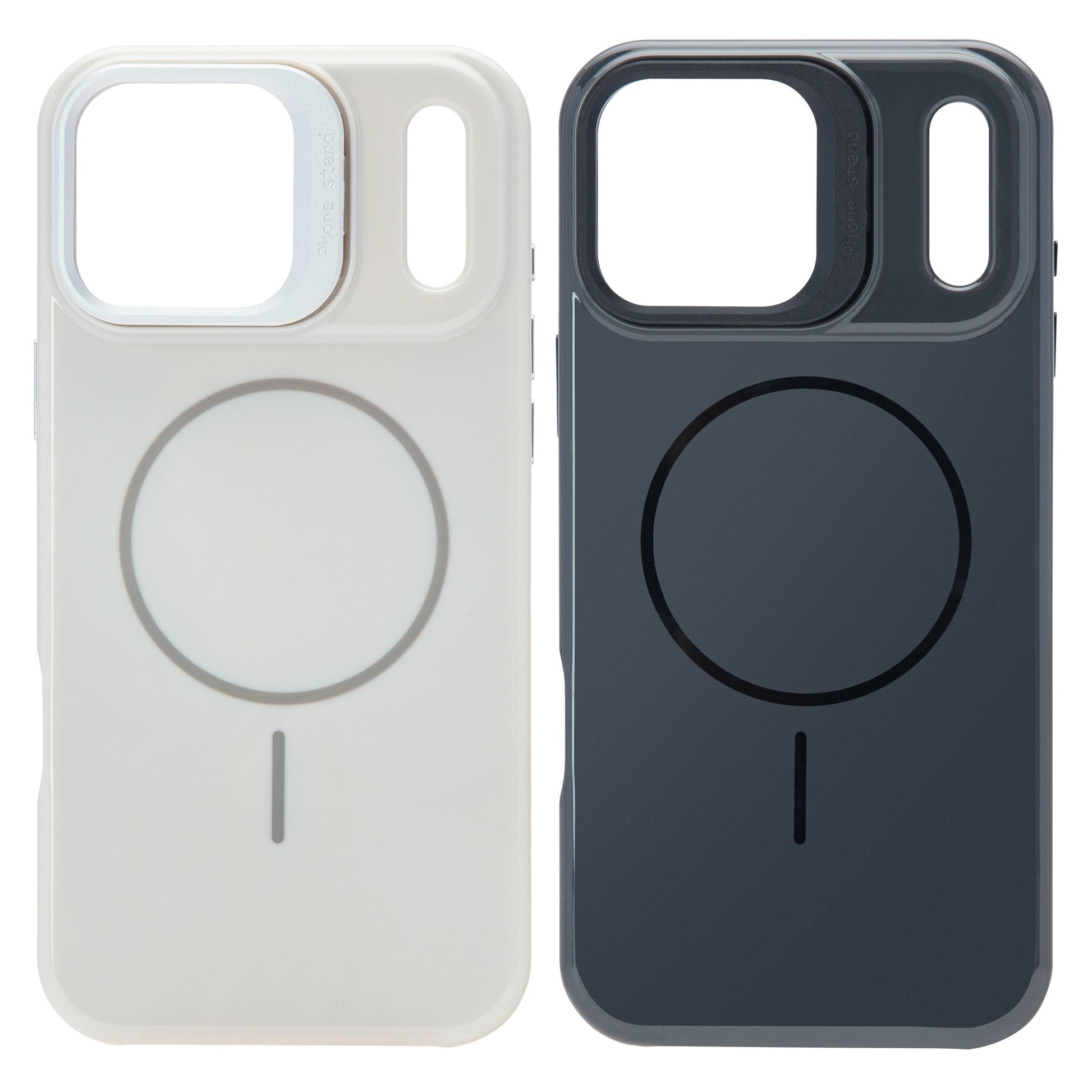 Linocell Flip Stand Case mobilcover til iPhone 17 Pro Max hvid med cirkulær MagSafe-markering og hævet, flytbar kameradækning.