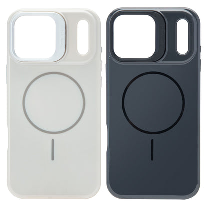 Linocell Flip Stand Case mobilcover til iPhone 17 Pro Max hvid med cirkulær MagSafe-markering og hævet, flytbar kameradækning.