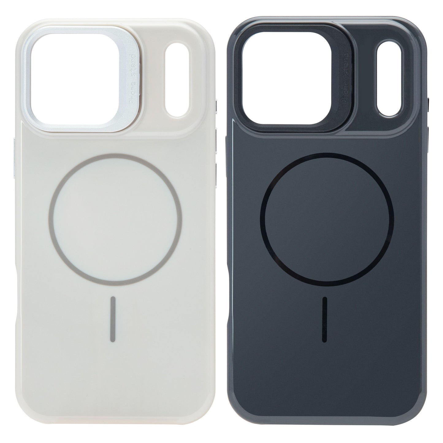 Linocell Flip Stand Etui i sort til iPhone 17 Pro Max med stort MagSafe-kompatibelt mønster og skydbart kameradæksel.
