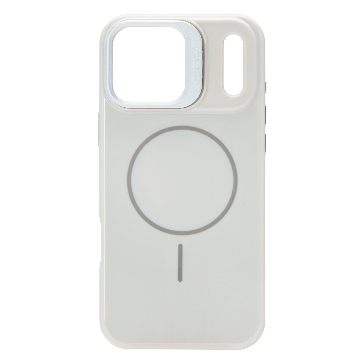 Linocell Flip Stand Case til iPhone 17 Pro Max, gennemsigtigt hvidt MagSafe-cover med stor cirkel og to kameraudskæringer øverst.