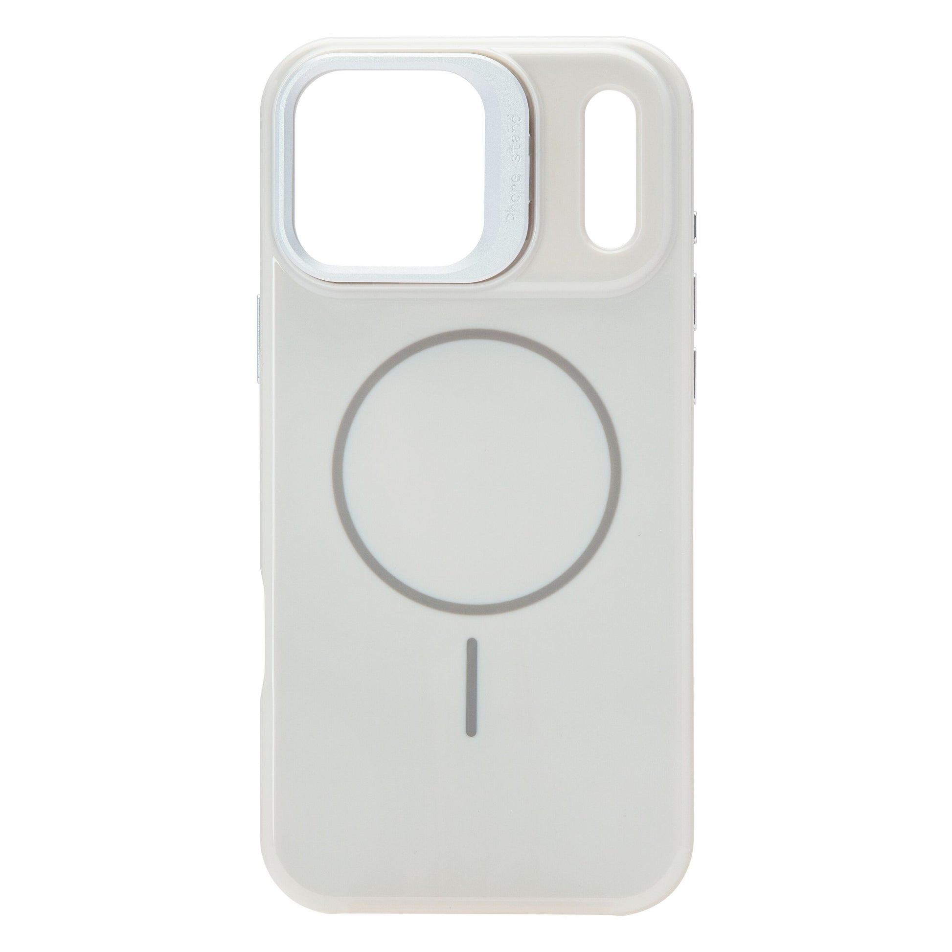 Linocell Flip Stand Case til iPhone 17 Pro Max, gennemsigtigt hvidt MagSafe-cover med stor cirkel og to kameraudskæringer øverst.