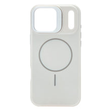 Linocell Flip Stand Case til iPhone 17 Pro Max, gennemsigtigt hvidt MagSafe-cover med stor cirkel og to kameraudskæringer øverst.