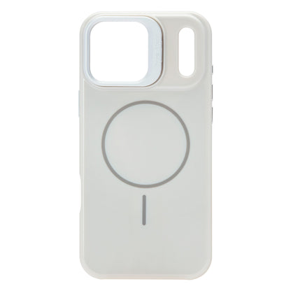 Linocell Flip Stand Case til iPhone 17 Pro Max, gennemsigtigt hvidt MagSafe-cover med stor cirkel og to kameraudskæringer øverst.