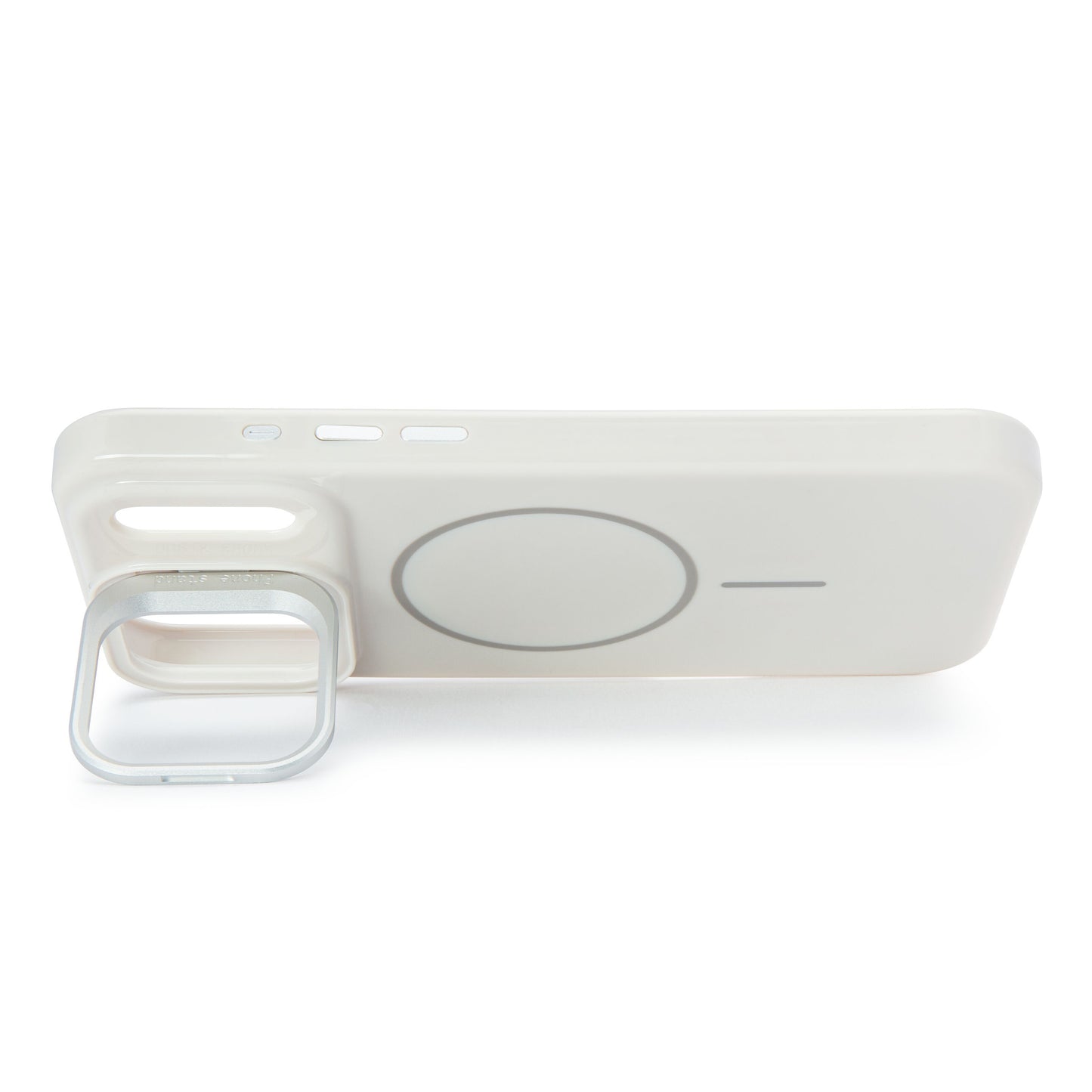 Linocell Flip Stand Case til iPhone 17 Pro Max hvid med integreret MagSafe-ring og hævet rektangulært kameralinsebeskytter.