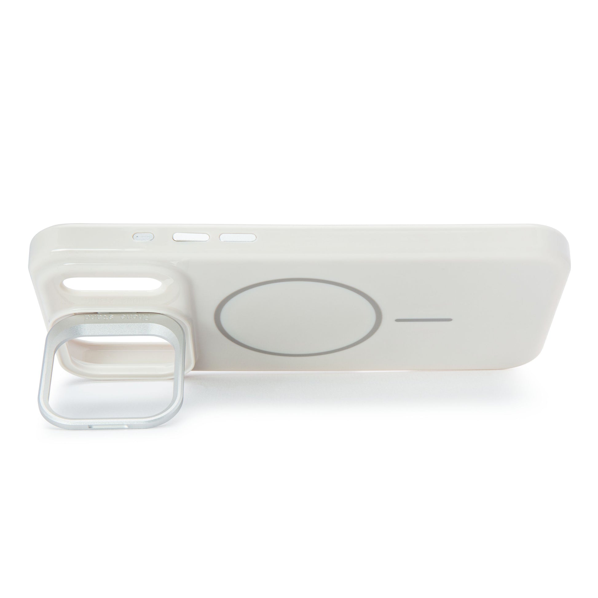 Linocell Flip Stand Case til iPhone 17 Pro Max hvid med integreret MagSafe-ring og hævet rektangulært kameralinsebeskytter.