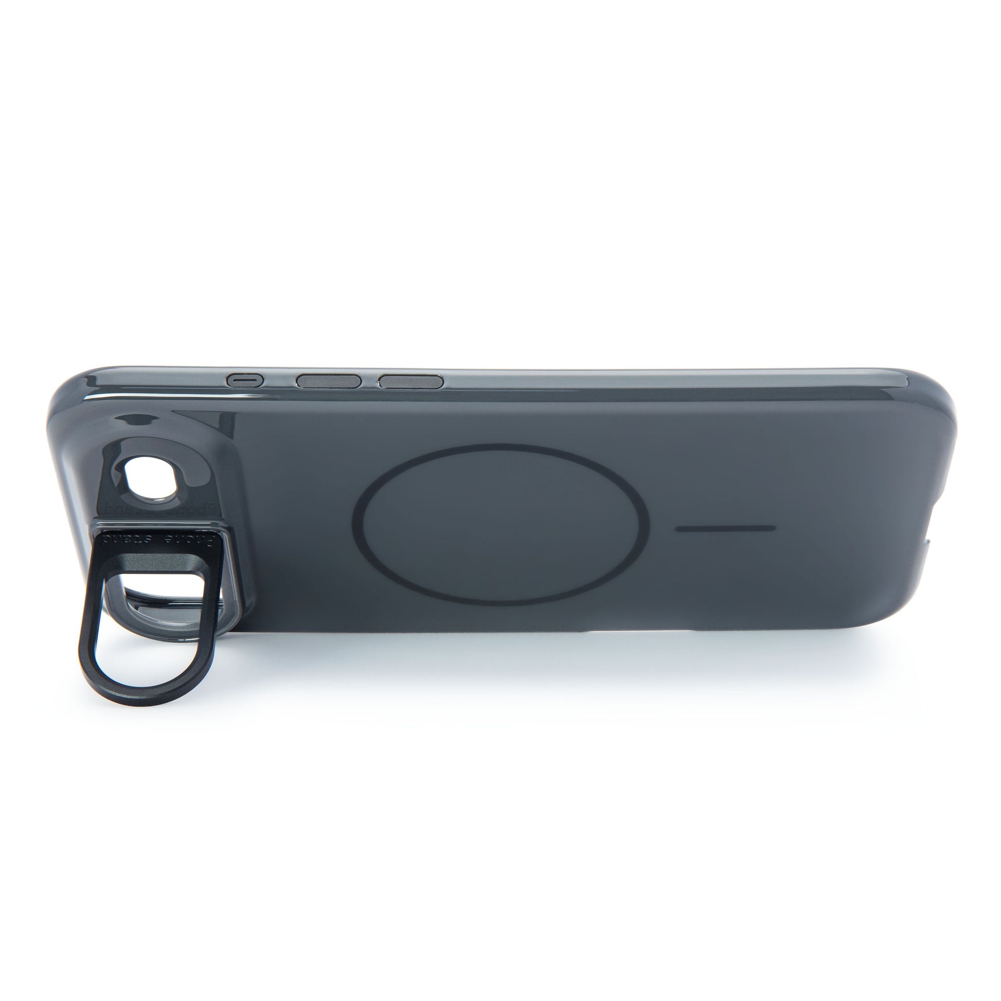Linocell Flip Stand Case mobilskal til iPhone Air, sort, mørkegrå med synlige sideknapper og runde standere på bagsiden.