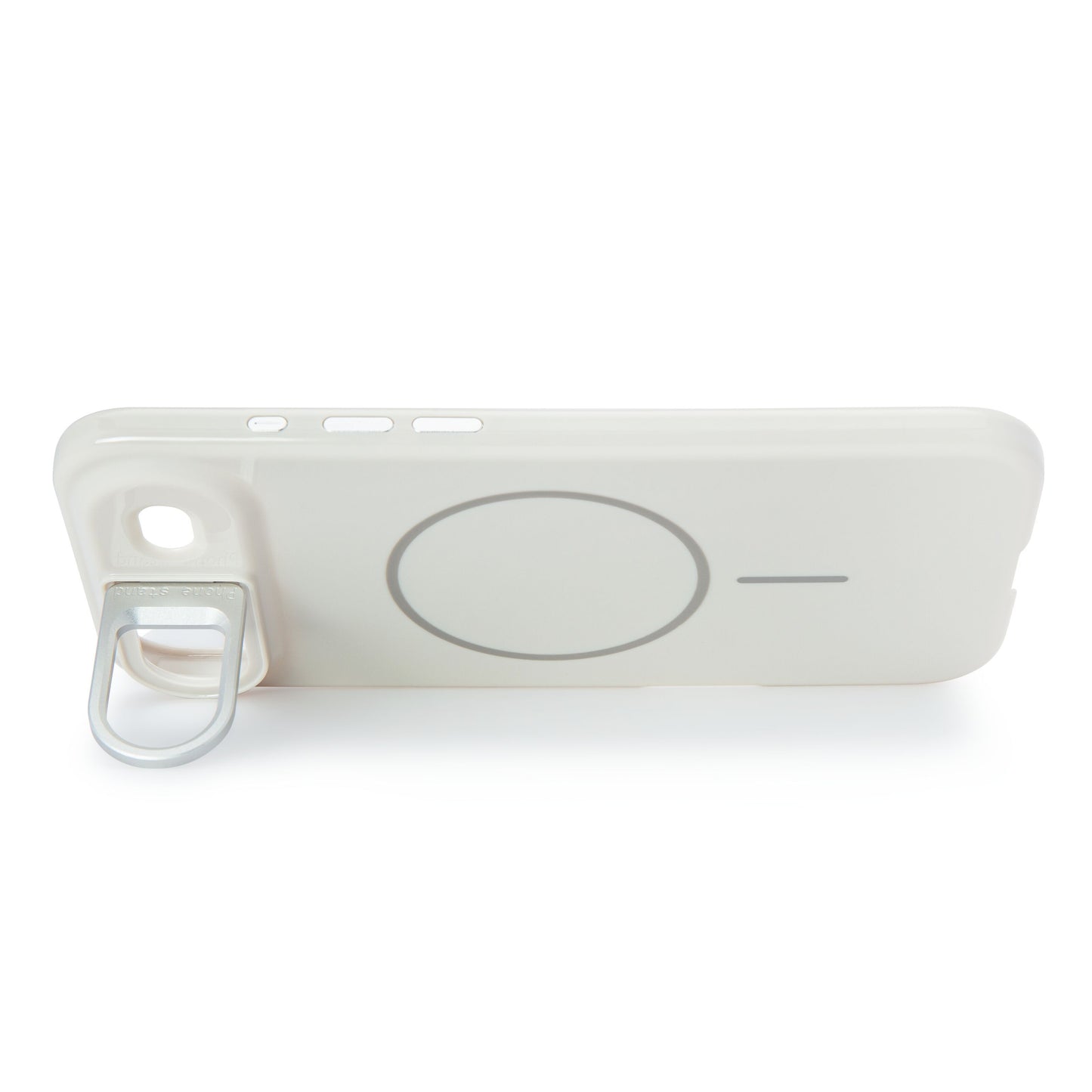 Flip Stand Case mobilcover til iPhone Air hvid, indbygget metalringstativ nederst, MagSafe-kompatibel, ligger på siden.