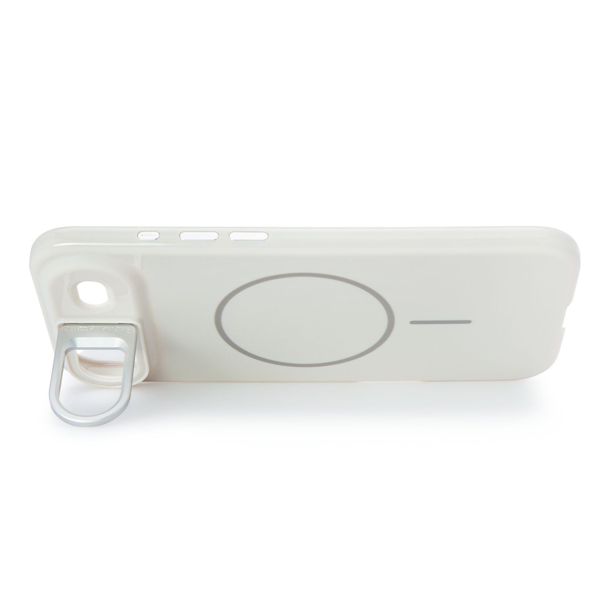 Flip Stand Case mobilcover til iPhone Air hvid, indbygget metalringstativ nederst, MagSafe-kompatibel, ligger på siden.