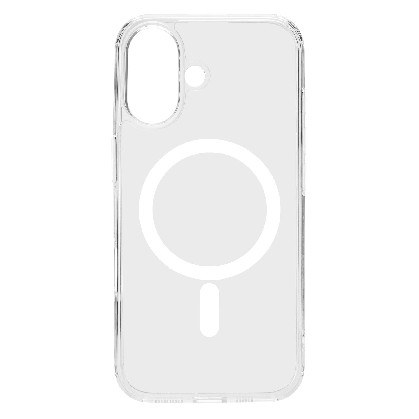 Klar glas mobilcover til iPhone 17, MagSafe-kompatibelt cirkulært/linje-design, åbning til dobbeltkamera og flash.