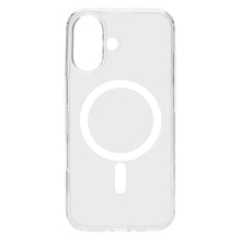 Klar glas mobilcover til iPhone 17, MagSafe-kompatibelt cirkulært/linje-design, åbning til dobbeltkamera og flash.