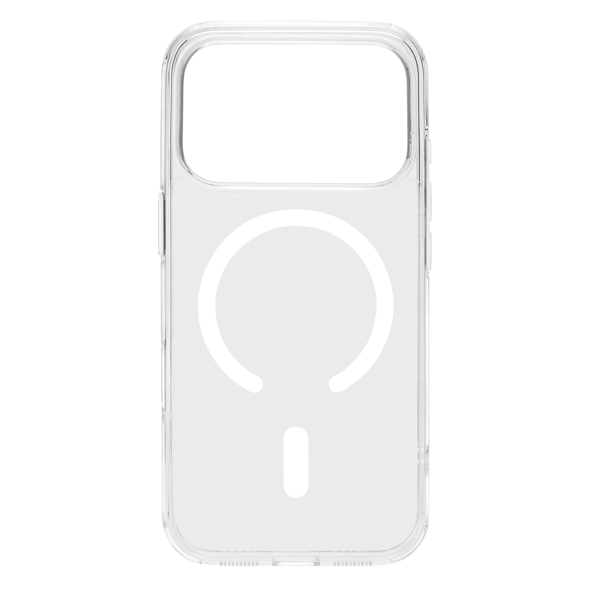 Clear Glass mobilcover til iPhone 17 Pro, transparent med hvid cirkulær MagSafe-markering, passer til iPhone 17 Pro.
