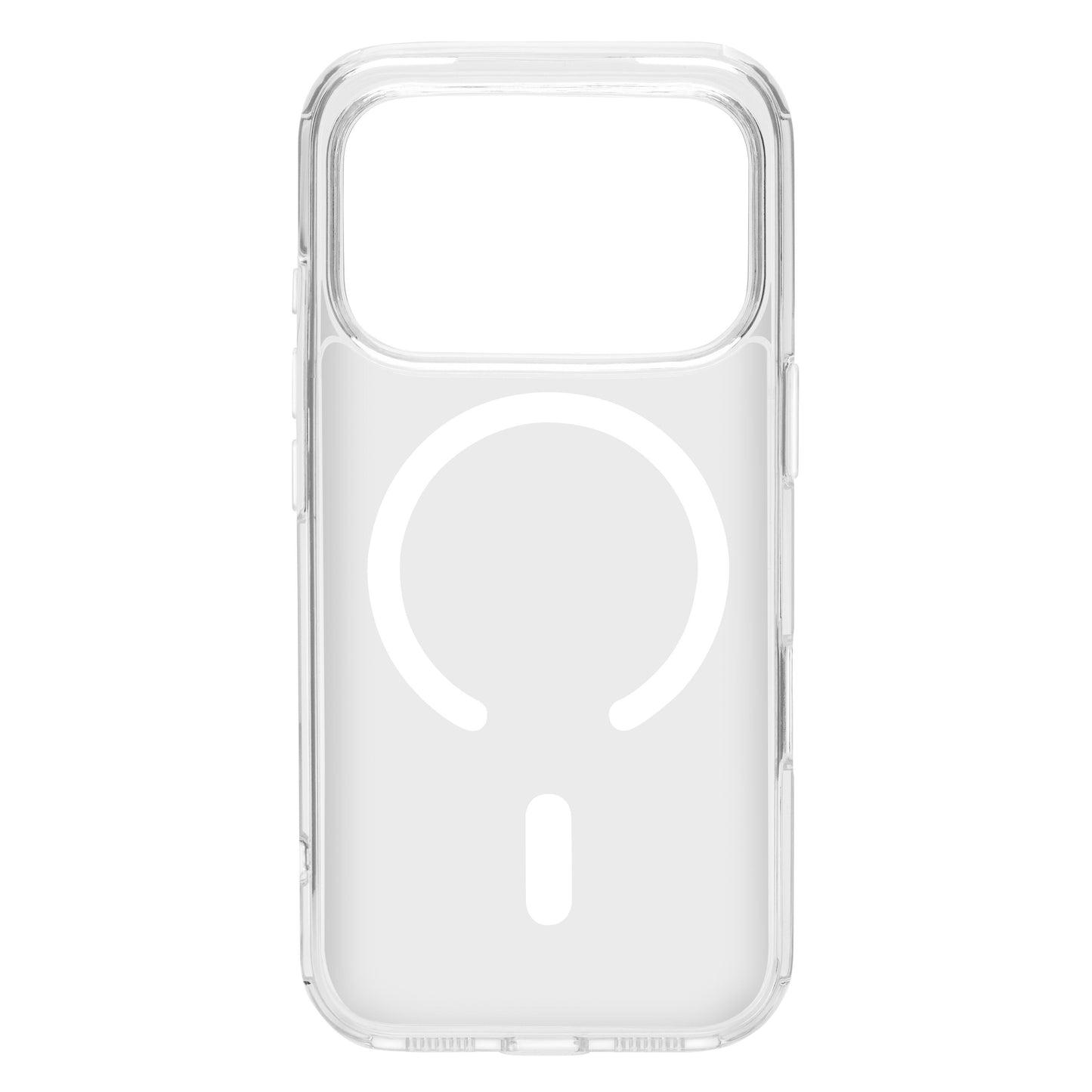 Linocell Clear Glass mobilcover til iPhone 17 Pro, transparent, MagSafe-kompatibel, hvid justeringssymbol.