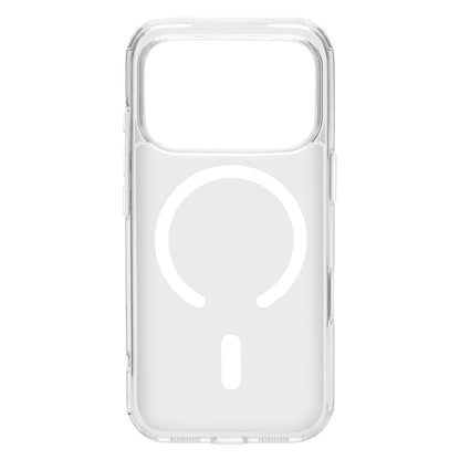 Linocell Clear Glass mobilcover til iPhone 17 Pro, transparent, MagSafe-kompatibel, hvid justeringssymbol.