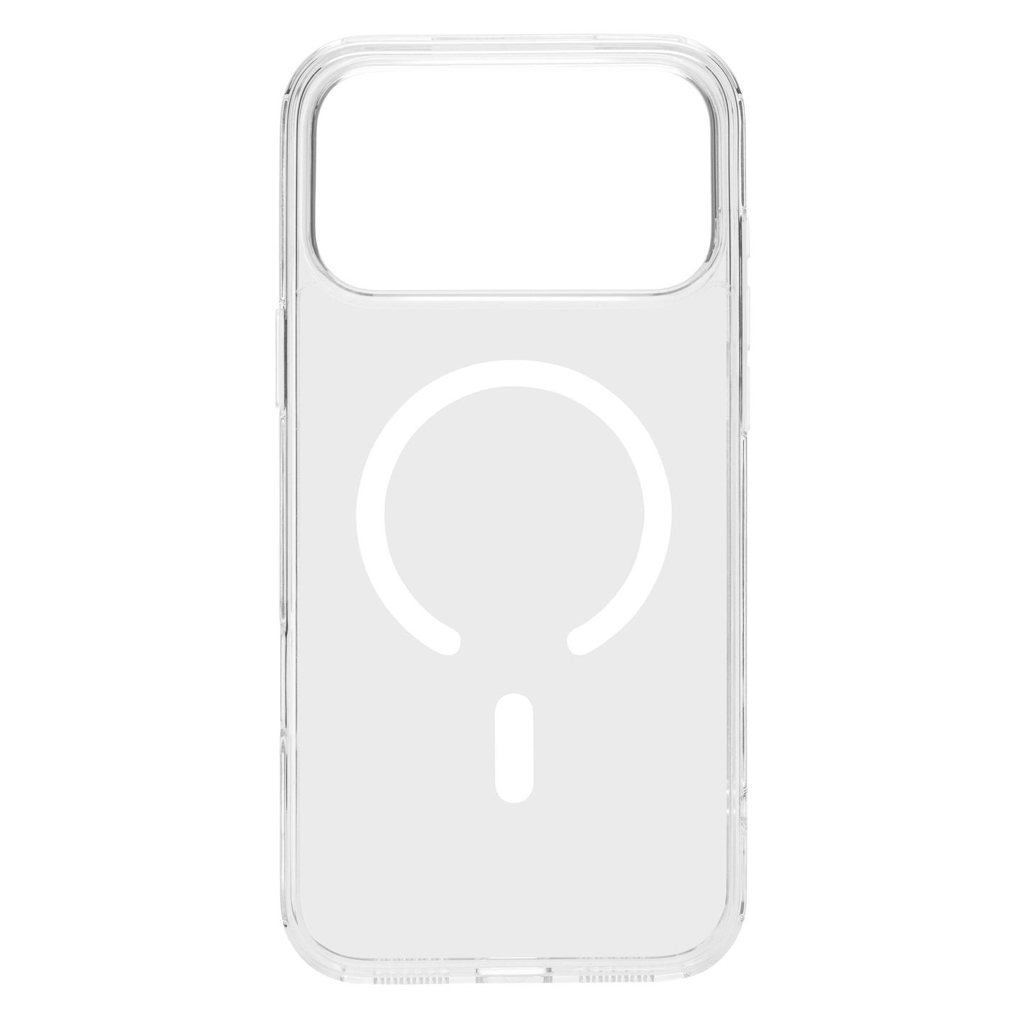 Klar glas mobilcover til iPhone 17 Pro Max med MagSafe-cirkel, afrundede hjørner og stort kameraudsnit.