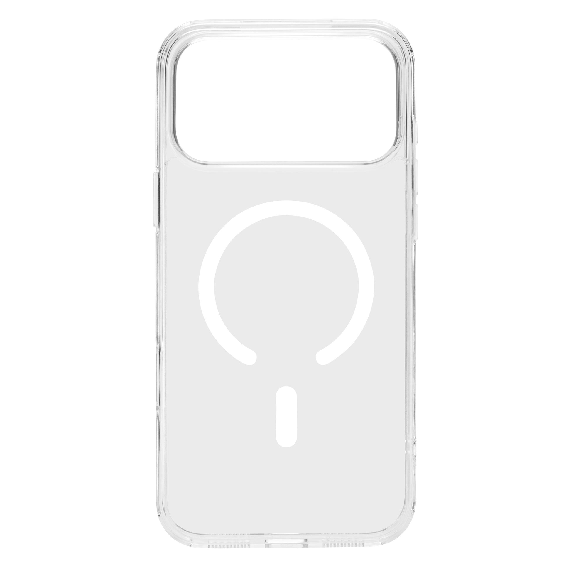 Klar glas mobilcover til iPhone 17 Pro Max med MagSafe-cirkel, afrundede hjørner og stort kameraudsnit.
