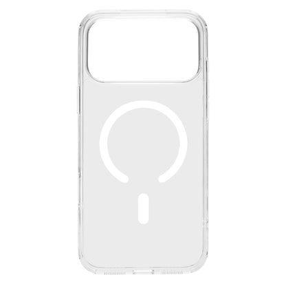 Klar glas mobilcover til iPhone 17 Pro Max med MagSafe-cirkel, afrundede hjørner og stort kameraudsnit.