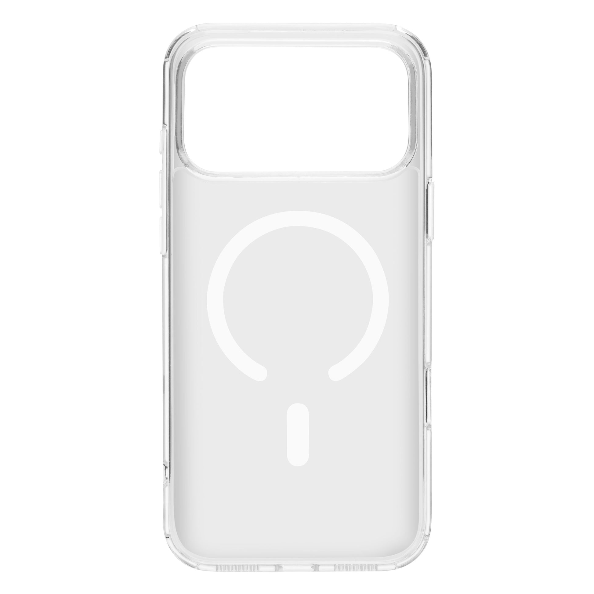 Gennemsigtigt glascover til iPhone 17 Pro Max med hvidt MagSafe-symbol og udskæringer til kamera og knapper.