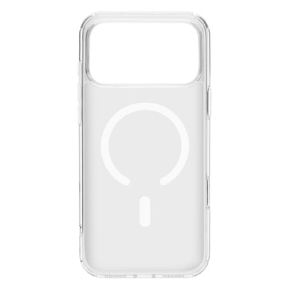 Gennemsigtigt glascover til iPhone 17 Pro Max med hvidt MagSafe-symbol og udskæringer til kamera og knapper.