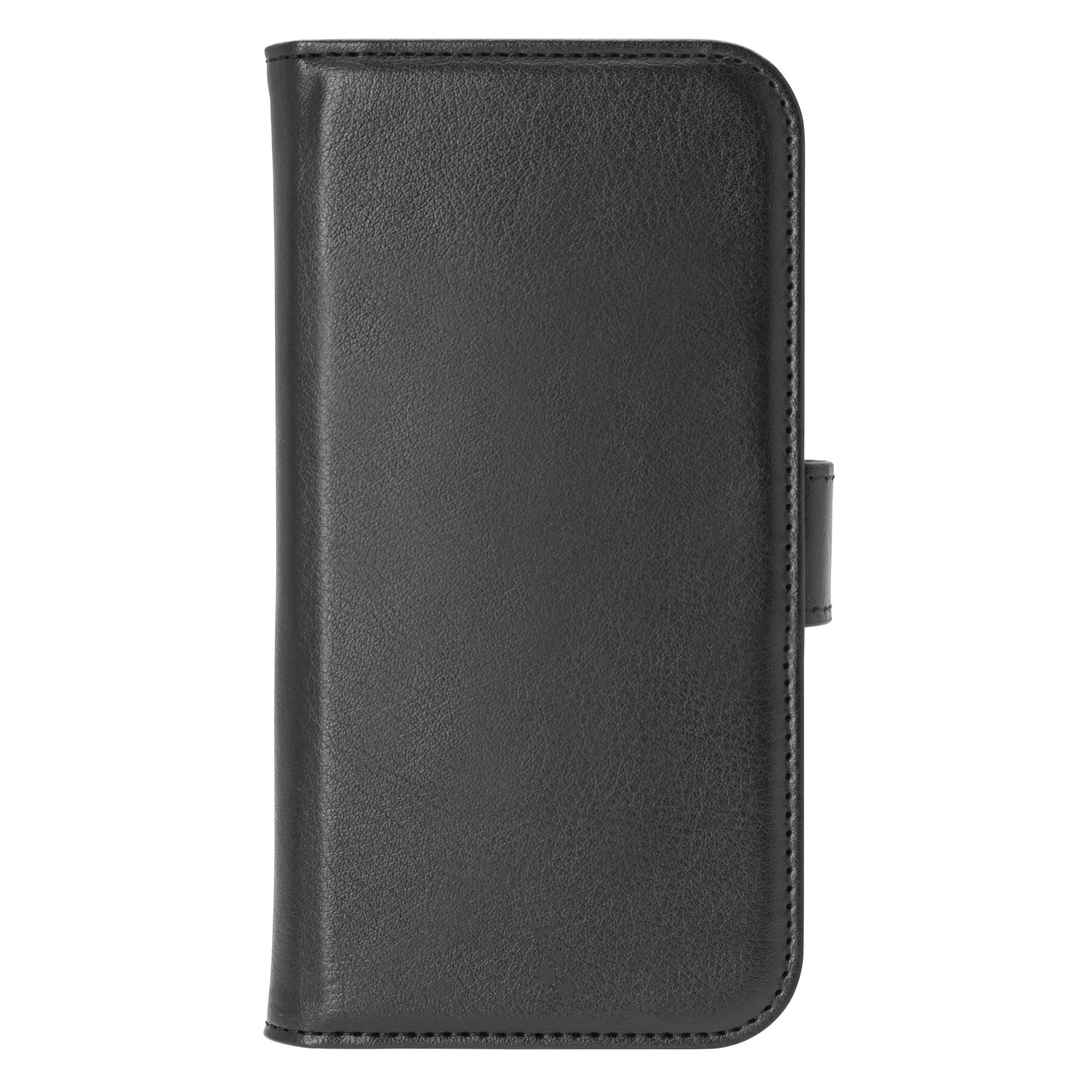Linocell Mobilpung til iPhone 17 sort læder, magnetlukning, MagSafe-kompatibel, vist lukket forfra.